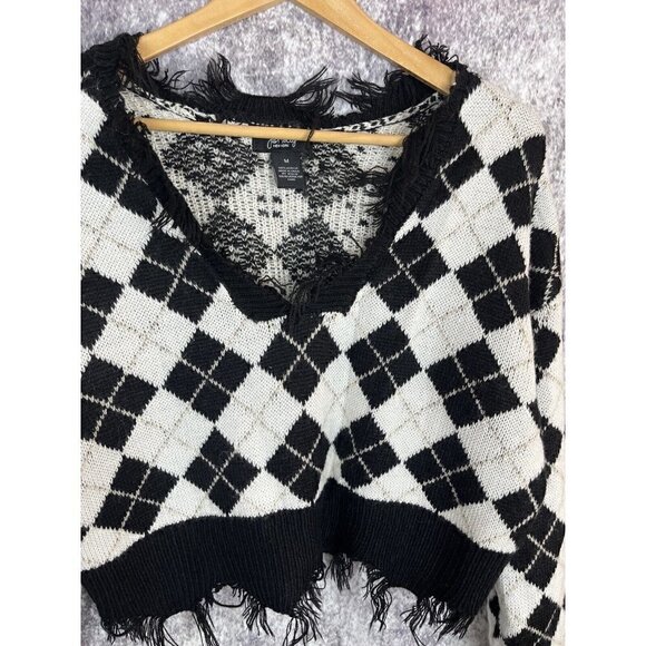 Just Polly New York Knit Argyle Cropped Fringe Sweater Women's Juniors Medium - Picture 2 of 8